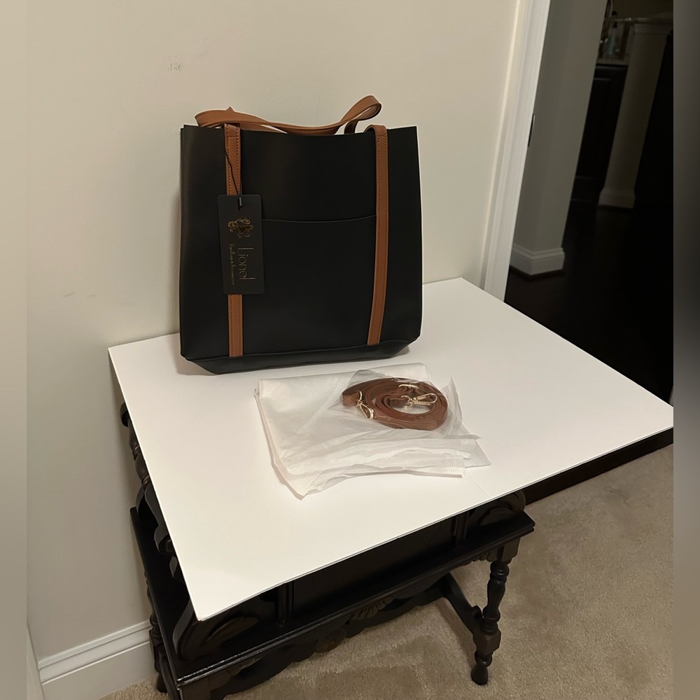 Stylish Black Tote with Tan Straps - Women's Bag